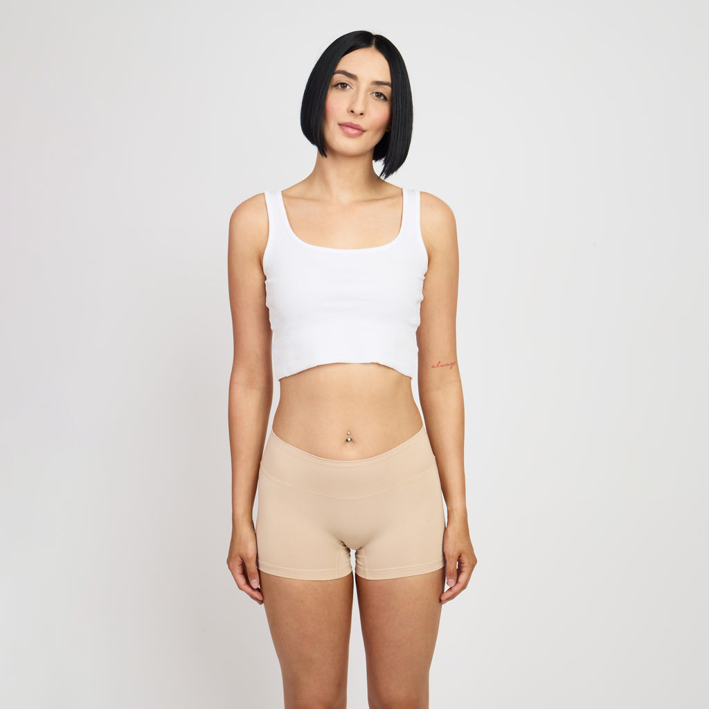 seamless bamboo boyshort with cotton gusset, designed to hold winged pads securely in place