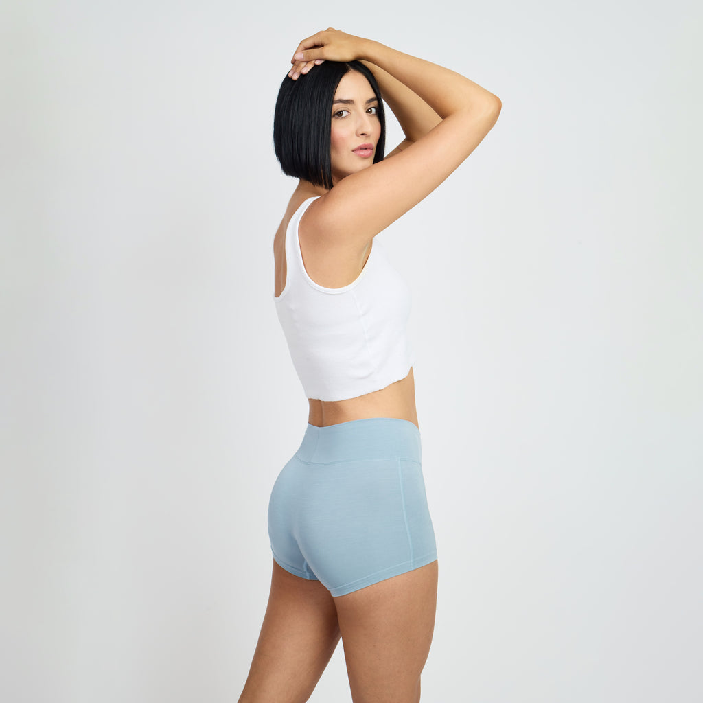 seamless bamboo boyshort with cotton gusset, designed to hold winged pads securely in place